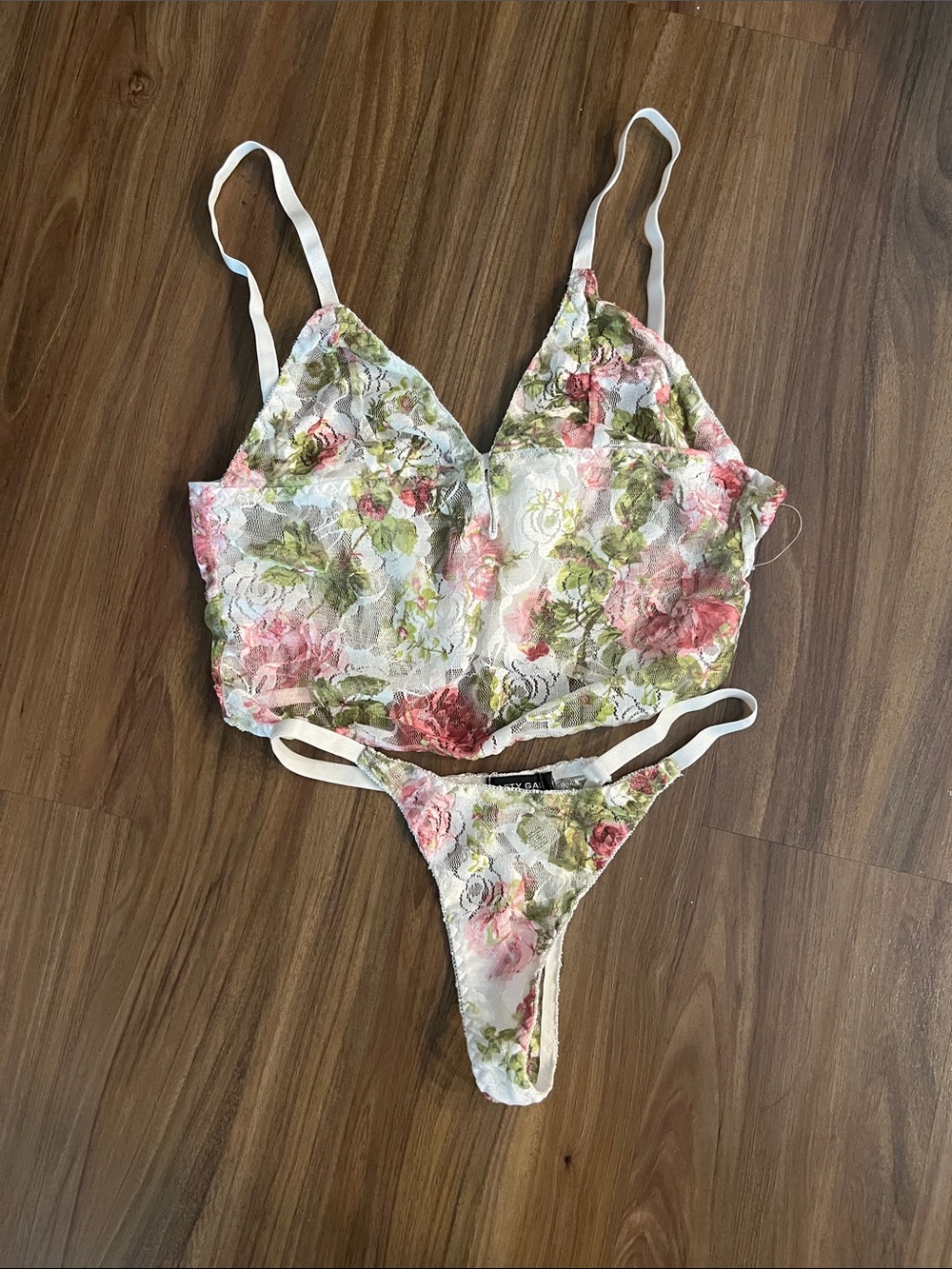 Nasty Gal Cream Lace Floral Lingerie Set with Pink and Green Accents
